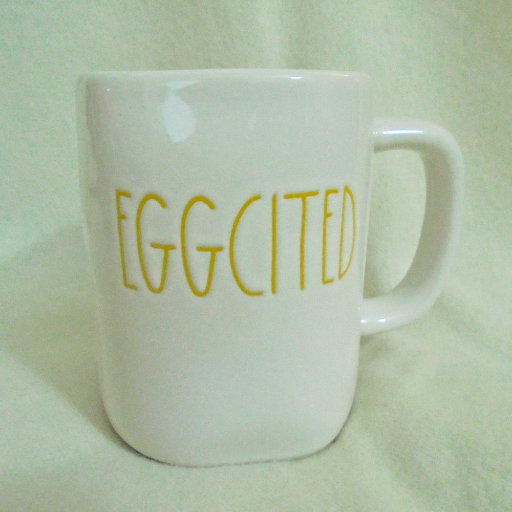 Rae Dunn "Eggcited" Yellow letters on Ivory Coffee Tea Mug Cup Easter Brand New